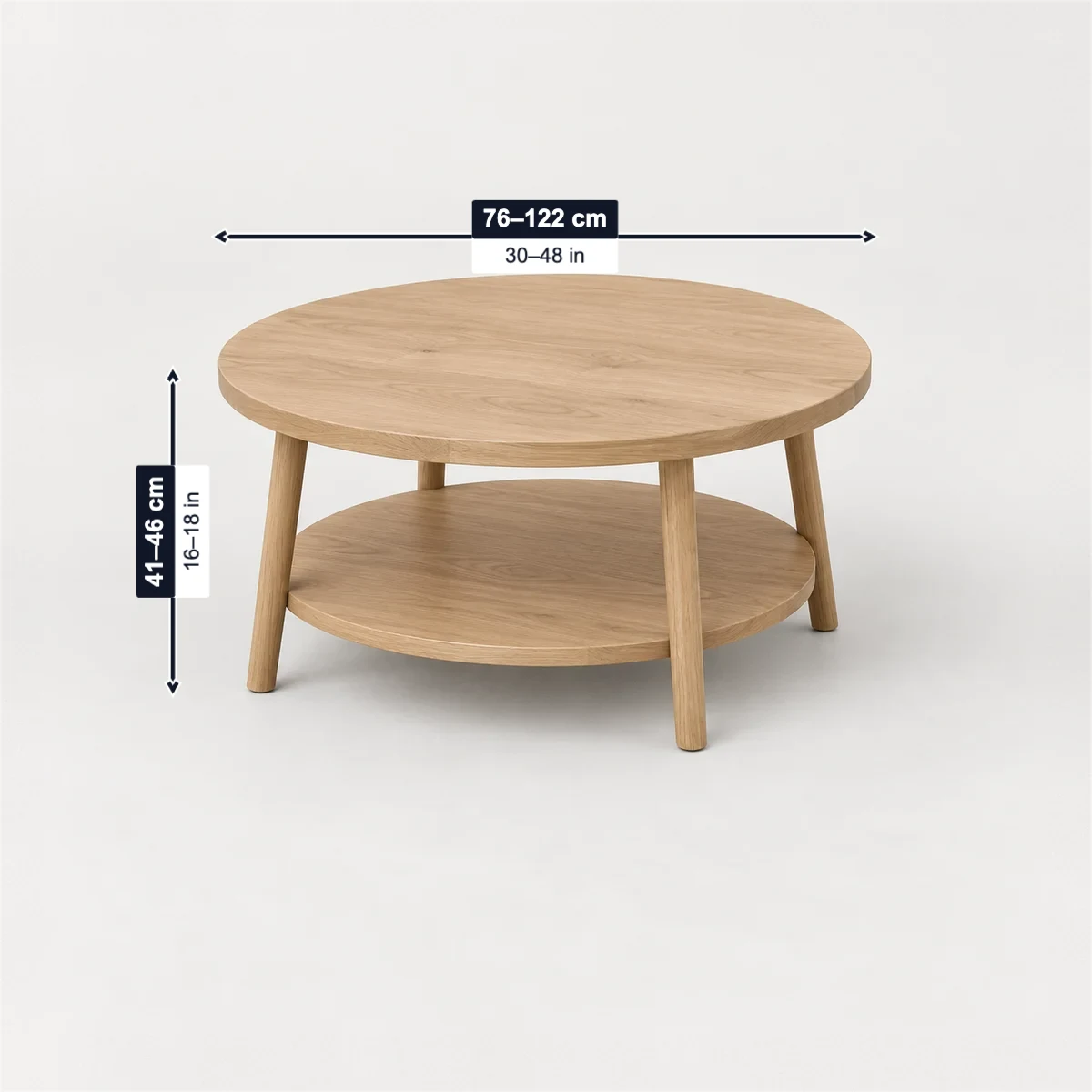 Round coffee table with its usual width, depth and height marked