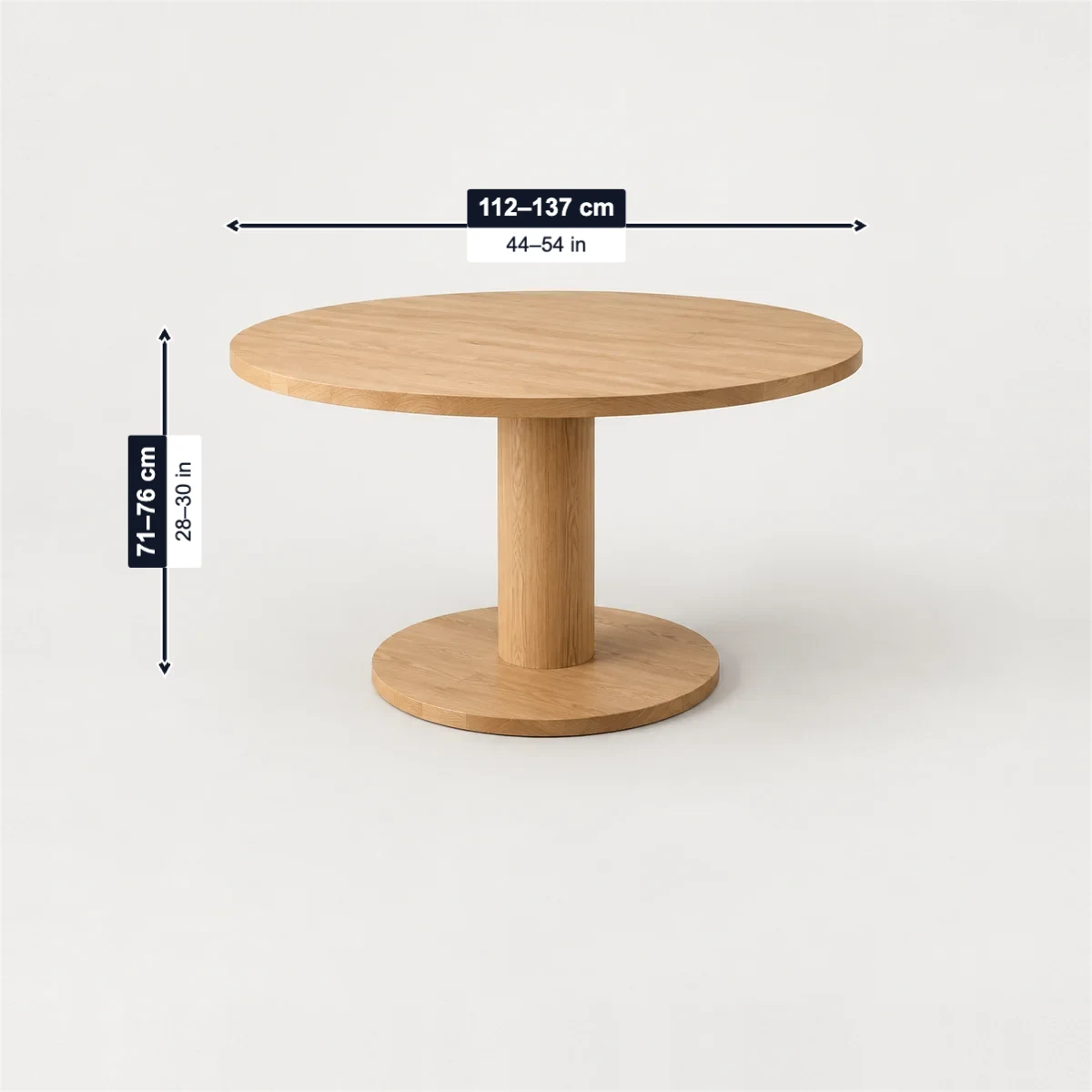 Round dining table with its usual width, depth and height marked