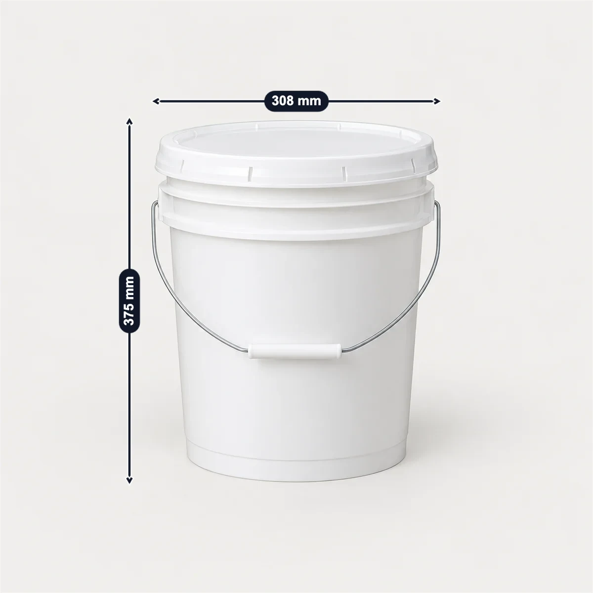 Round plastic (HDPE) pail with its usual width, depth and height marked