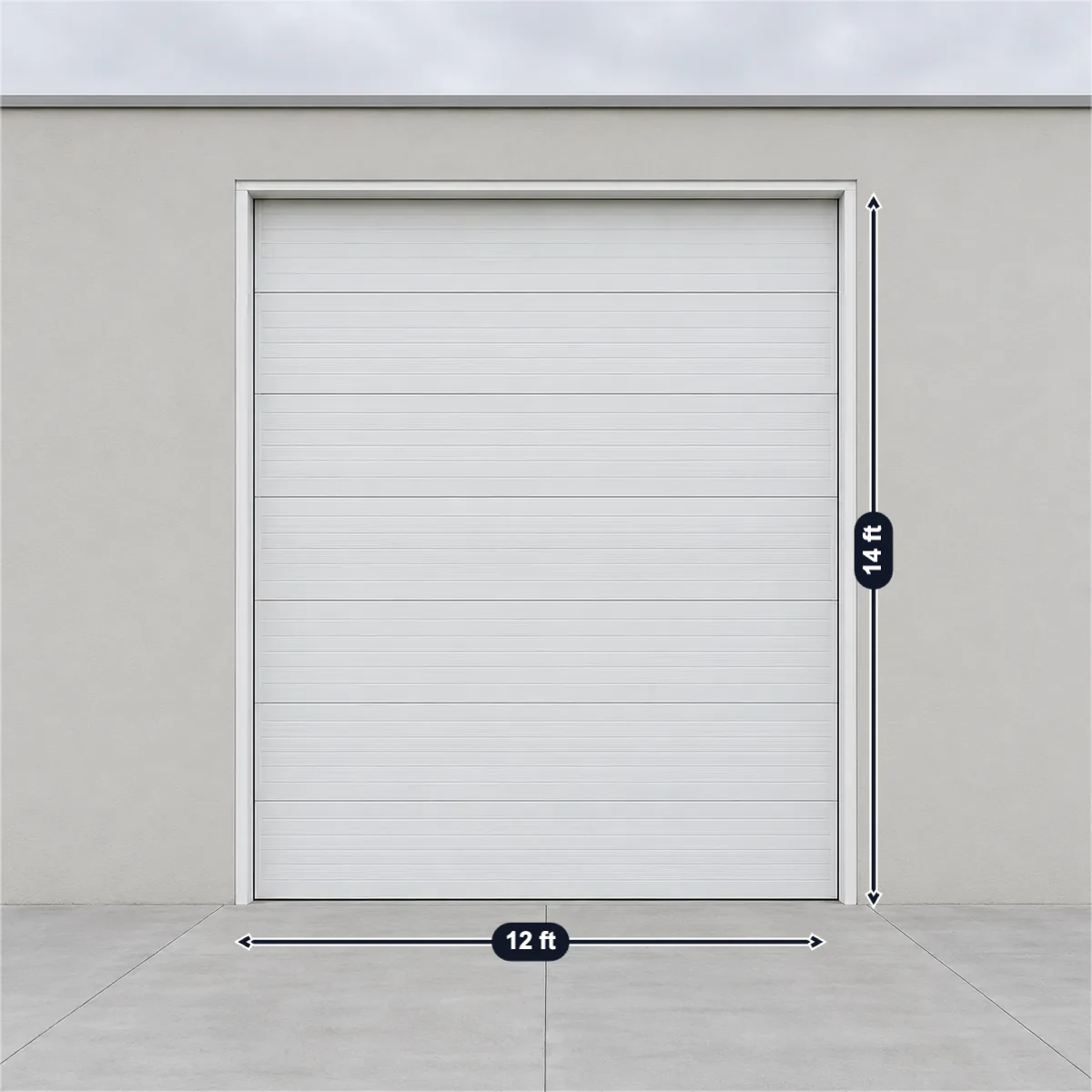 RV garage door (12 × 14 ft) with its usual width, depth and height marked