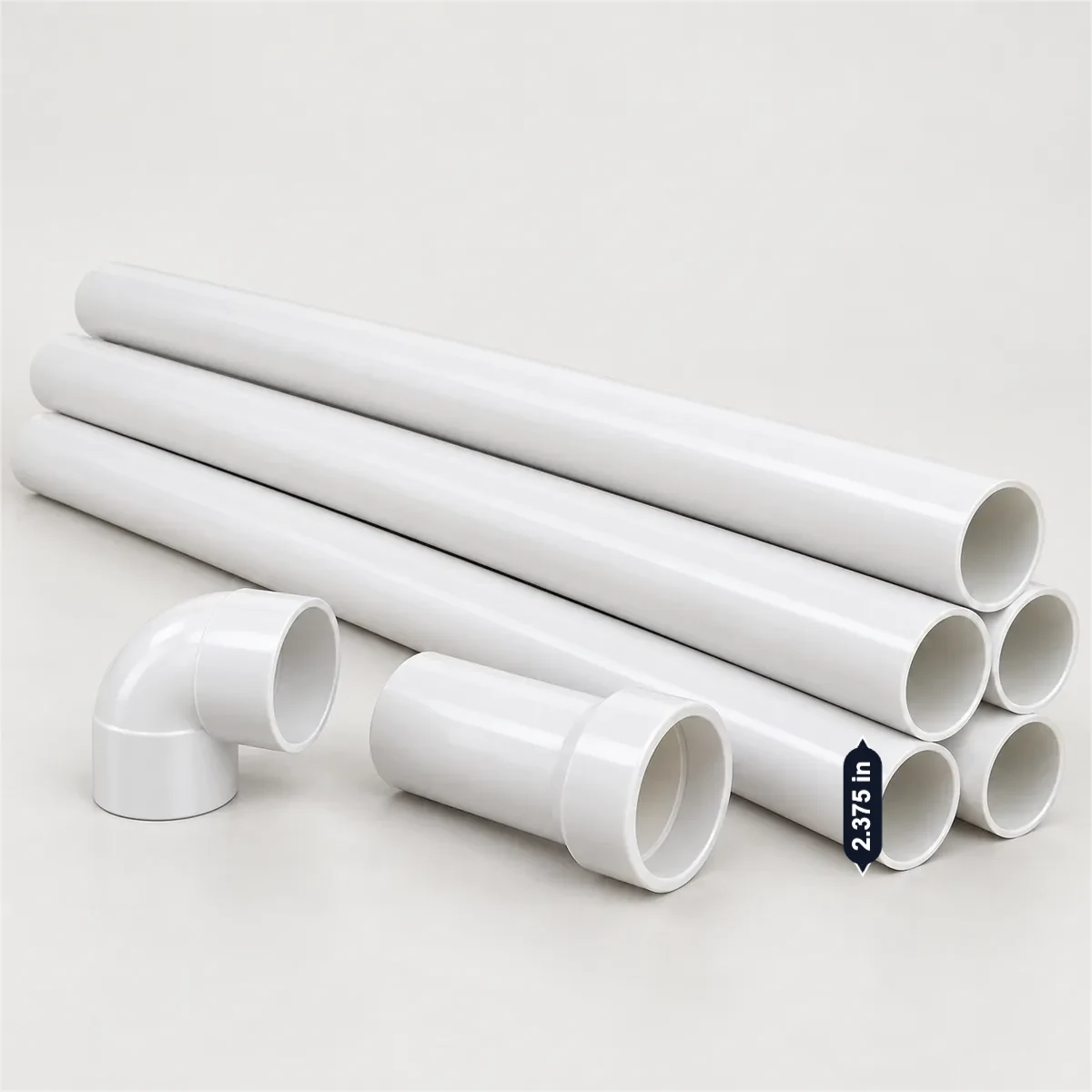 Schedule 40 PVC pipe (2 in) with its usual width, depth and height marked