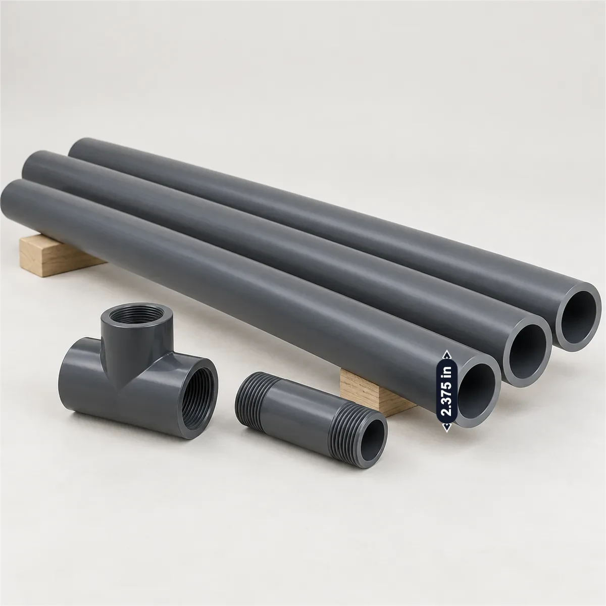 Schedule 80 PVC pipe (2 in) with its usual width, depth and height marked