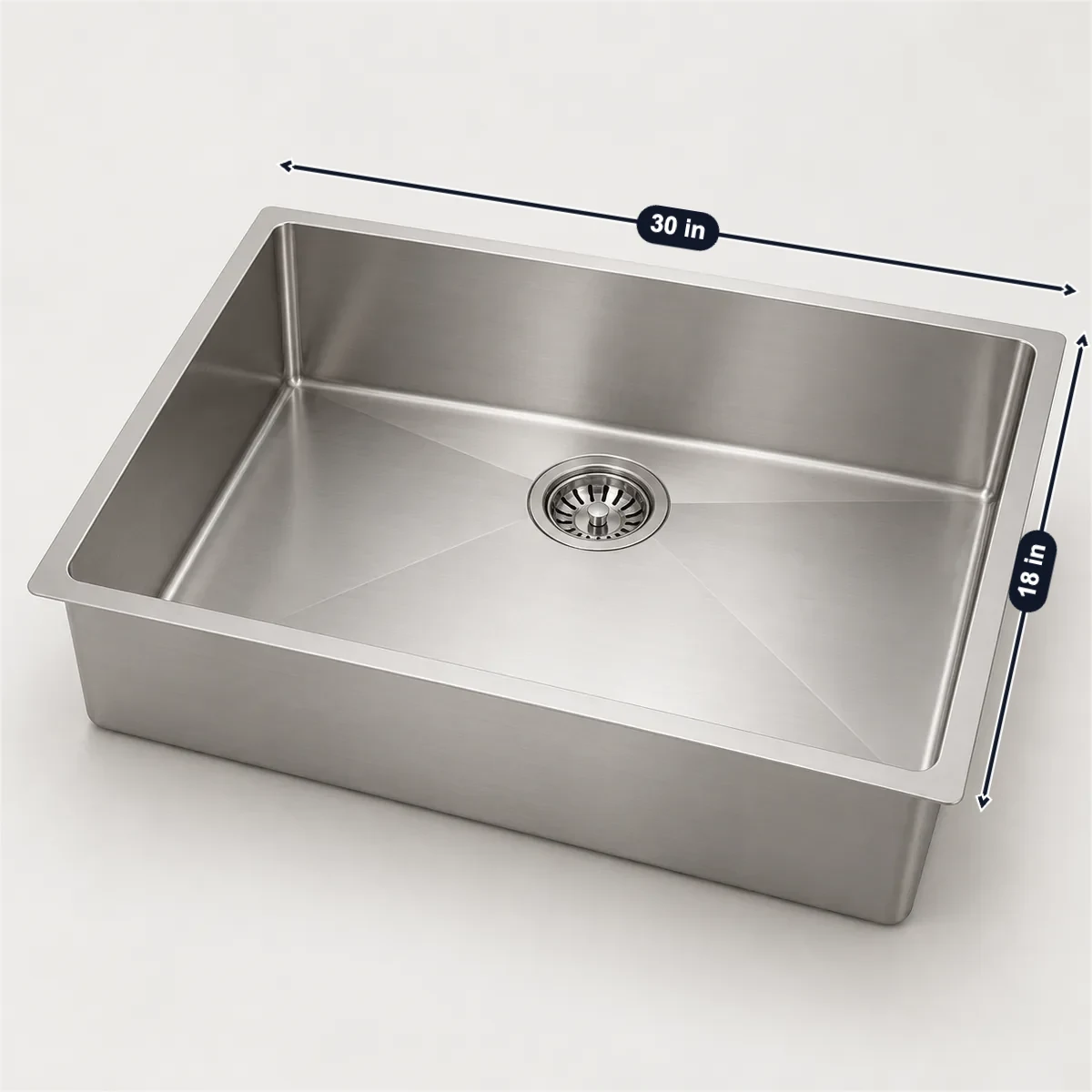 Single-bowl kitchen sink (30 in) with its usual width, depth and height marked