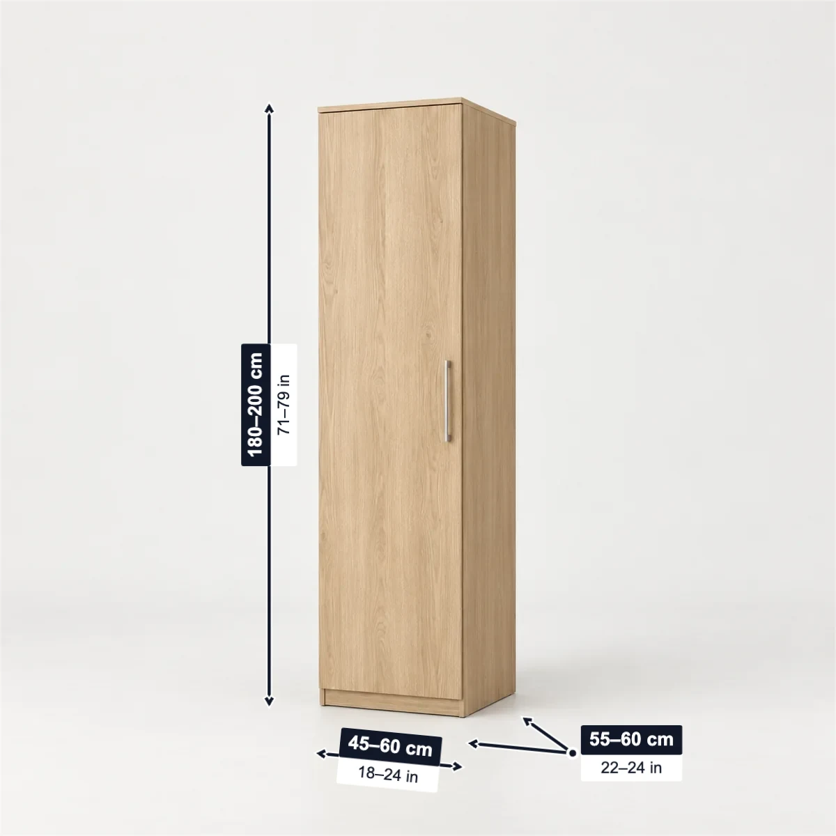 Single-door wardrobe with its usual width, depth and height marked