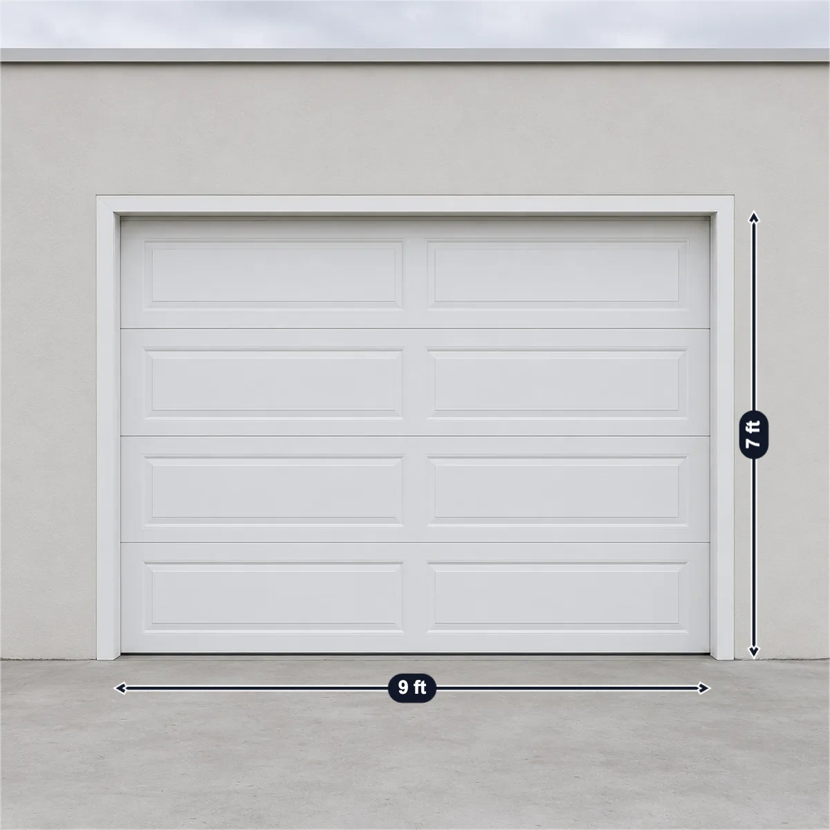 Single-car garage door (9 × 7 ft) with its usual width, depth and height marked