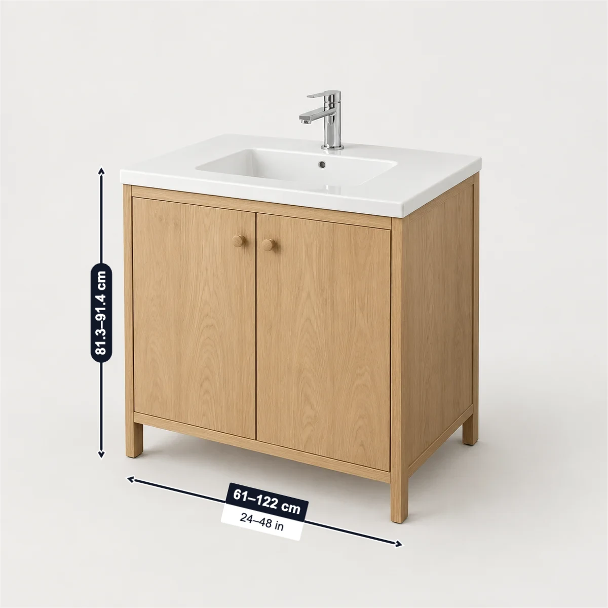 Single-sink vanity with its usual width, depth and height marked