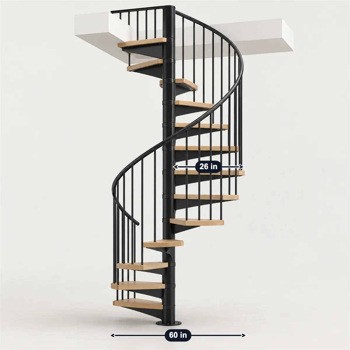 Spiral staircase with its usual width, depth and height marked