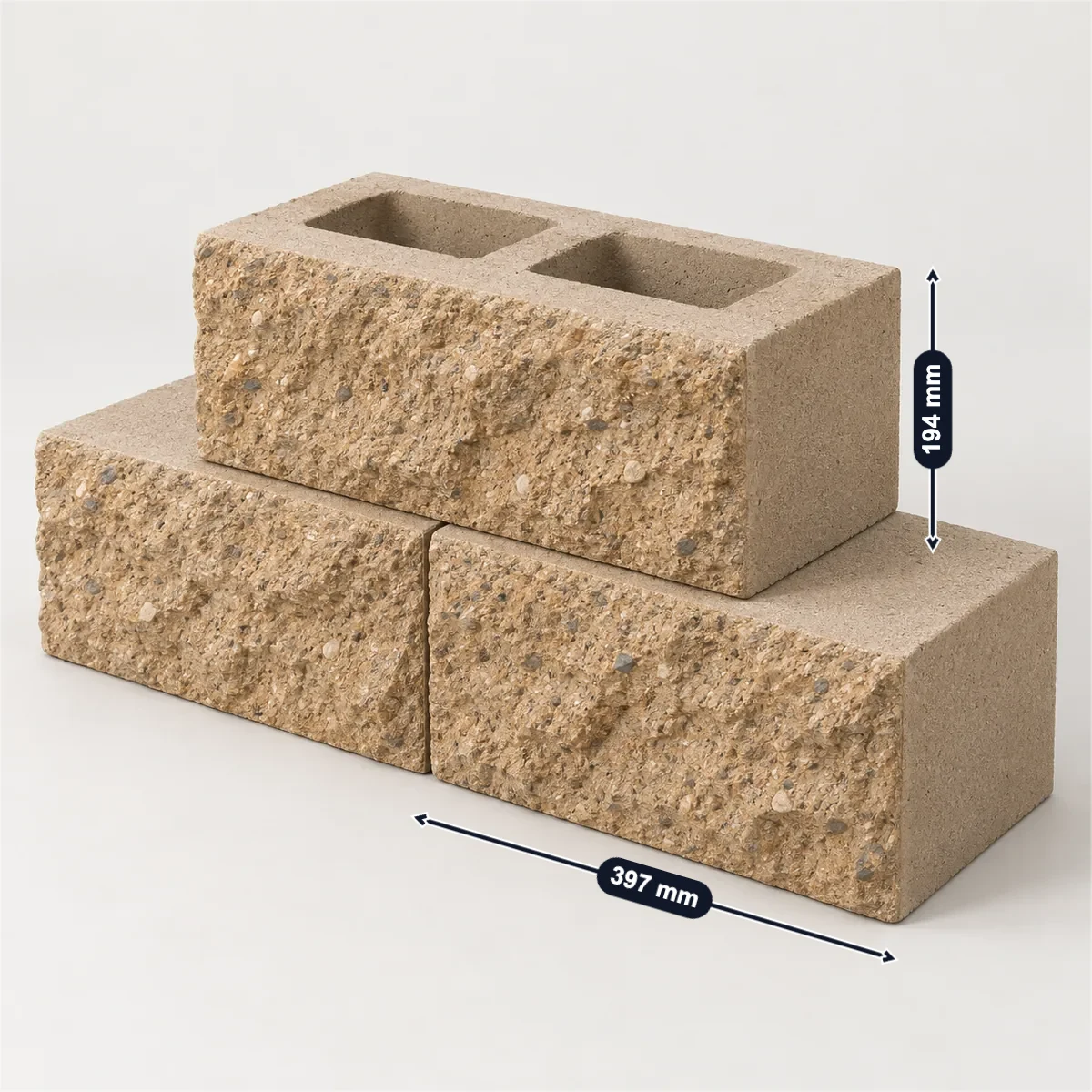 Split-face concrete block (8 × 8 × 16 in) with its usual width, depth and height marked