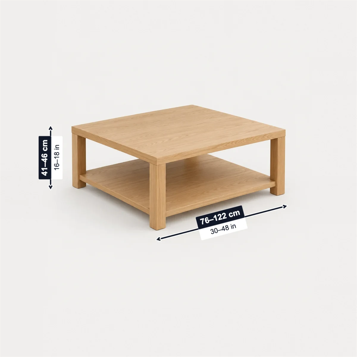 Square coffee table with its usual width, depth and height marked