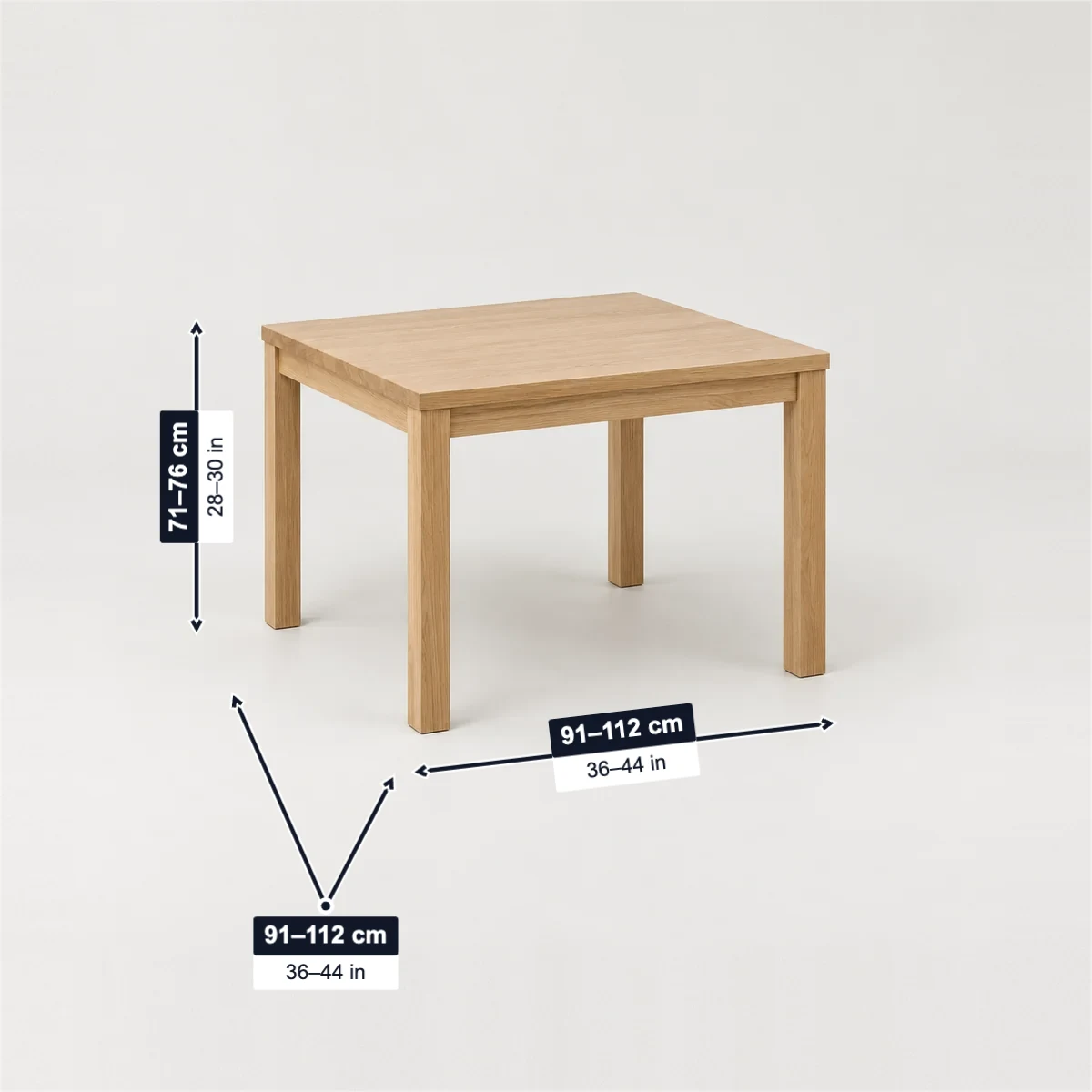 Square dining table with its usual width, depth and height marked