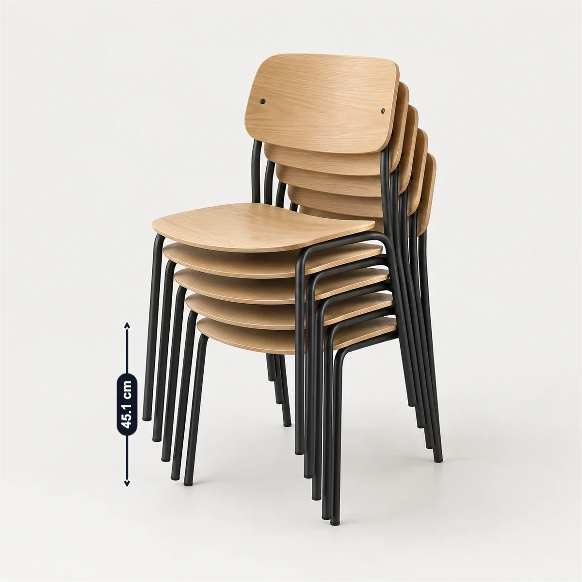 Stackable chair with its usual width, depth and height marked