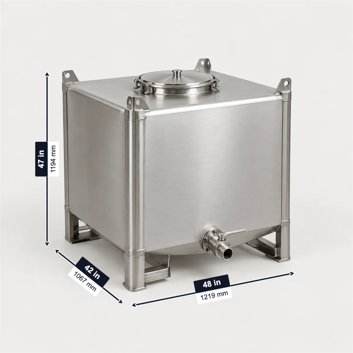 Stainless steel IBC tote with its usual width, depth and height marked