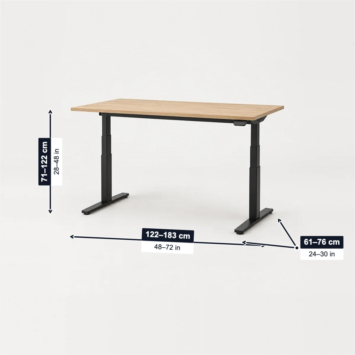 Standing desk with its usual width, depth and height marked