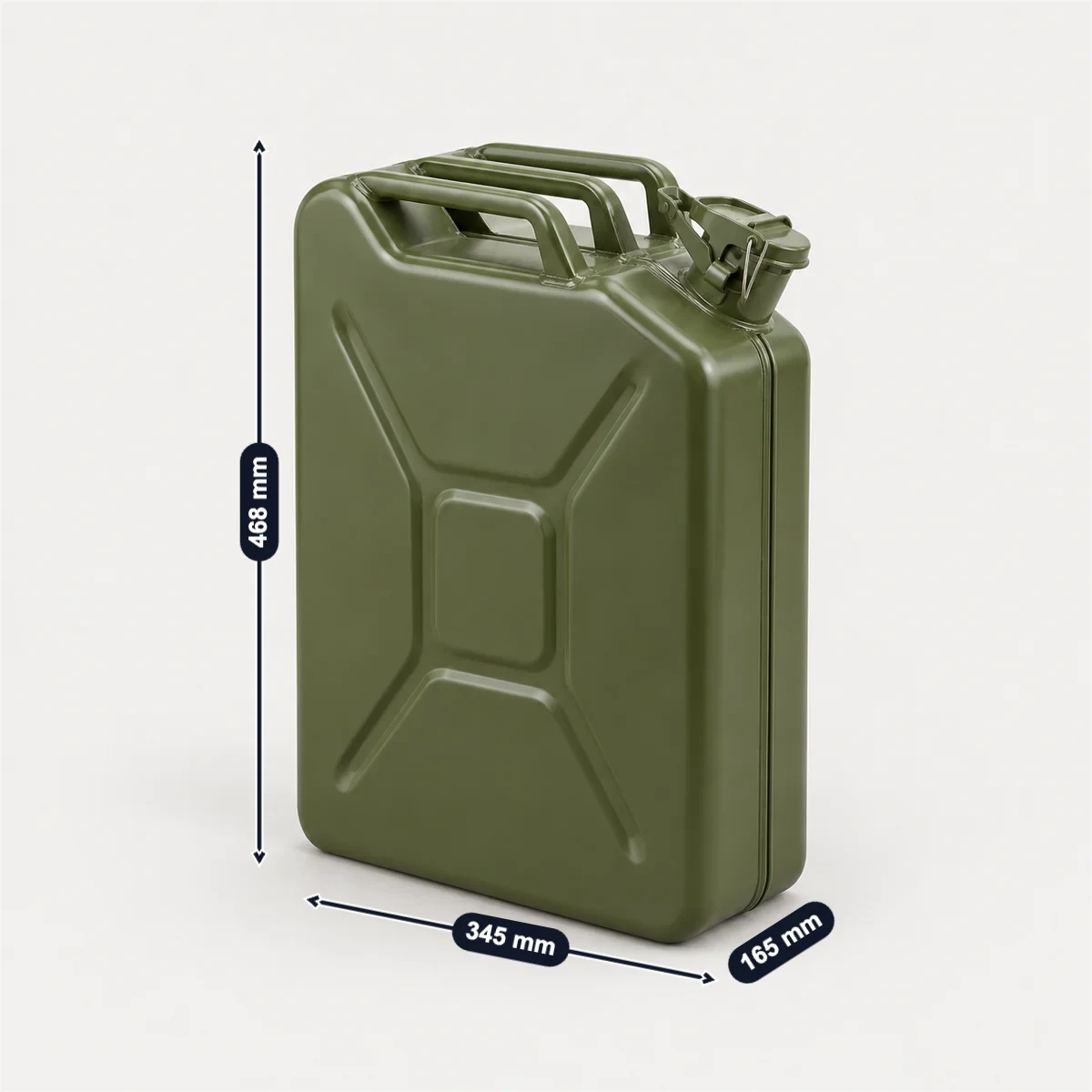 Steel jerry can (NATO pattern) with its usual width, depth and height marked