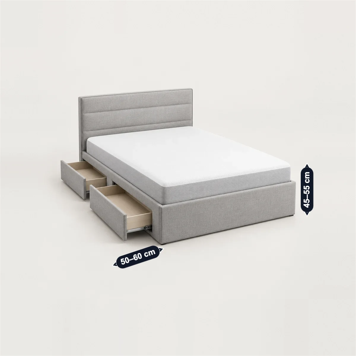 Storage bed with its usual width, depth and height marked