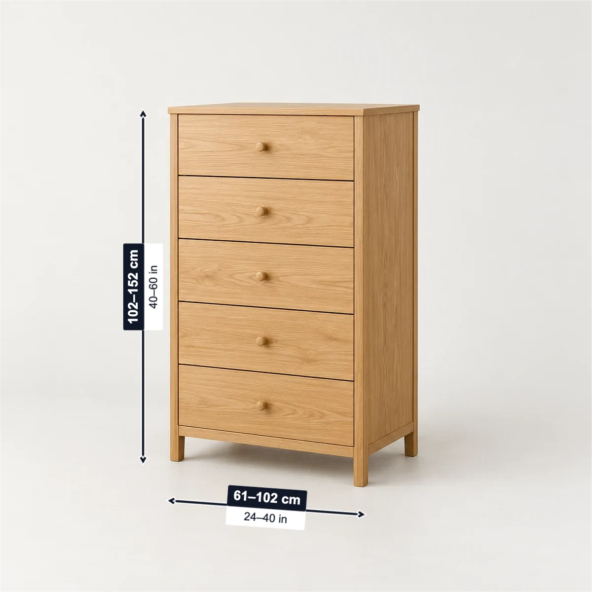 Tall chest of drawers with its usual width, depth and height marked