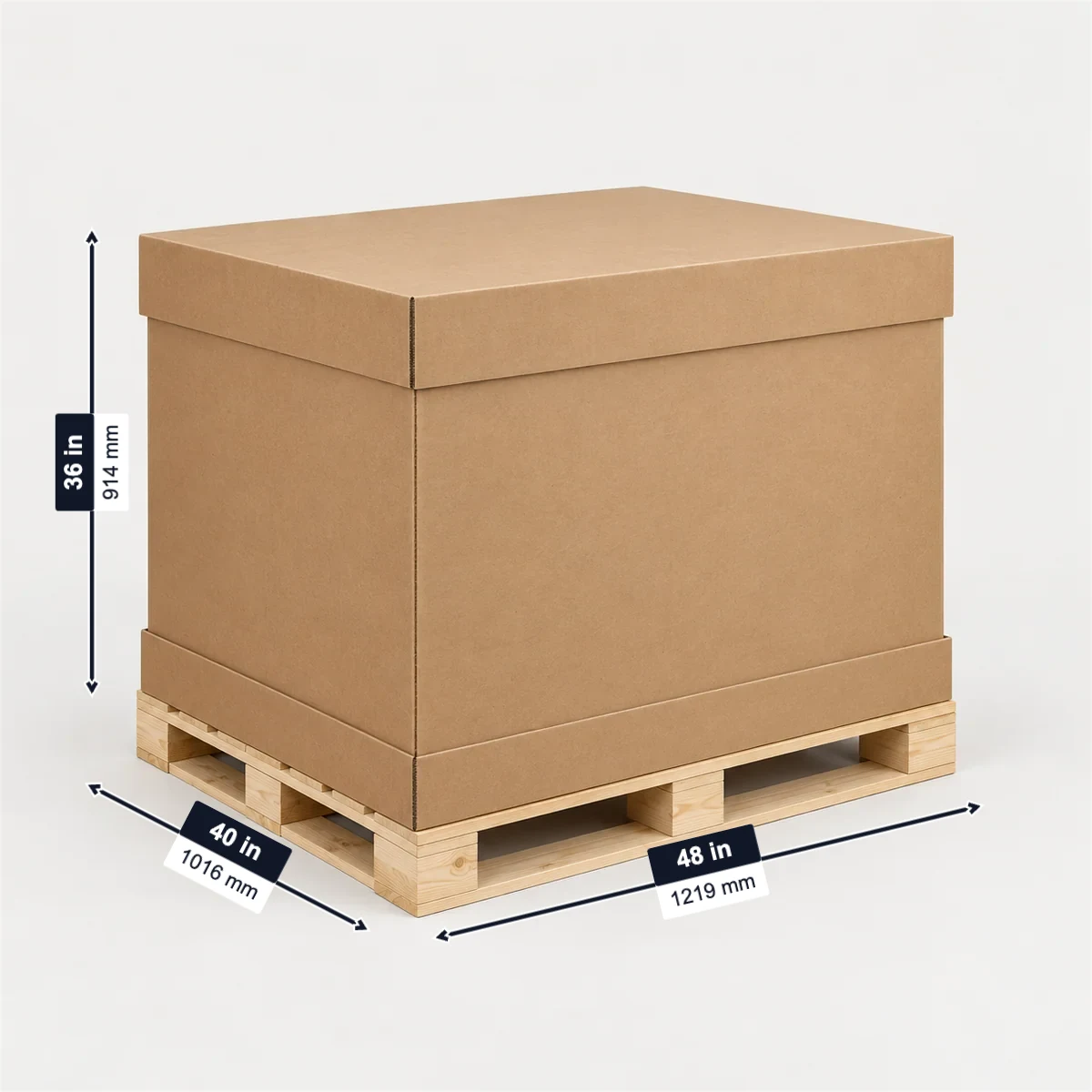 Telescoping Gaylord box (telescopic bulk box, sleeve pack) with its usual width, depth and height marked