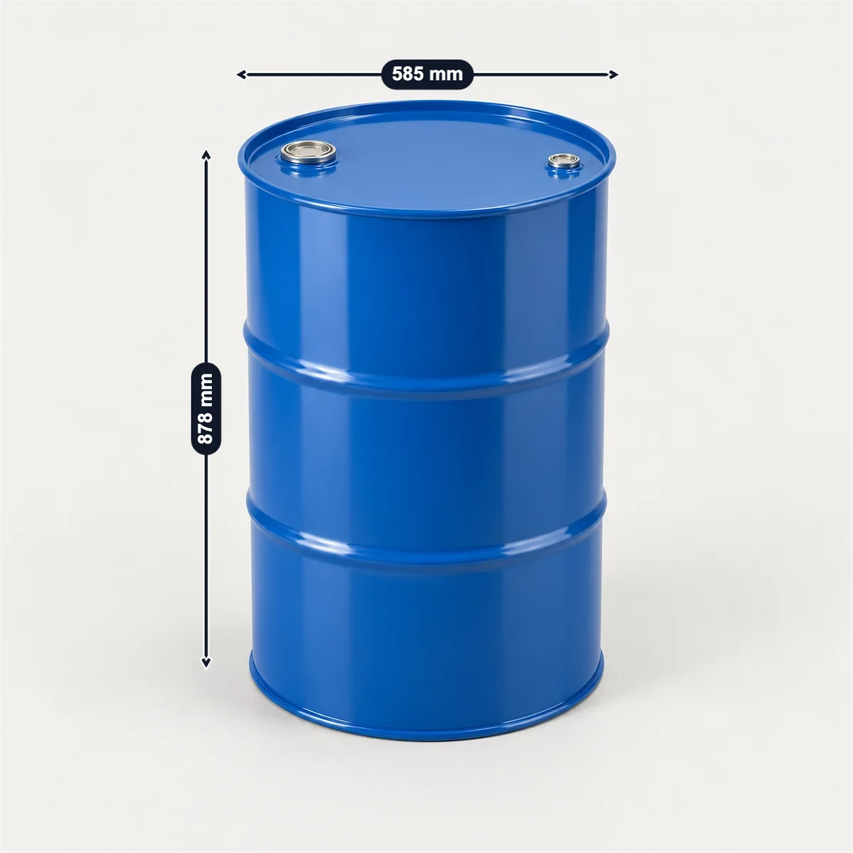55-gallon tight-head steel drum with its usual width, depth and height marked