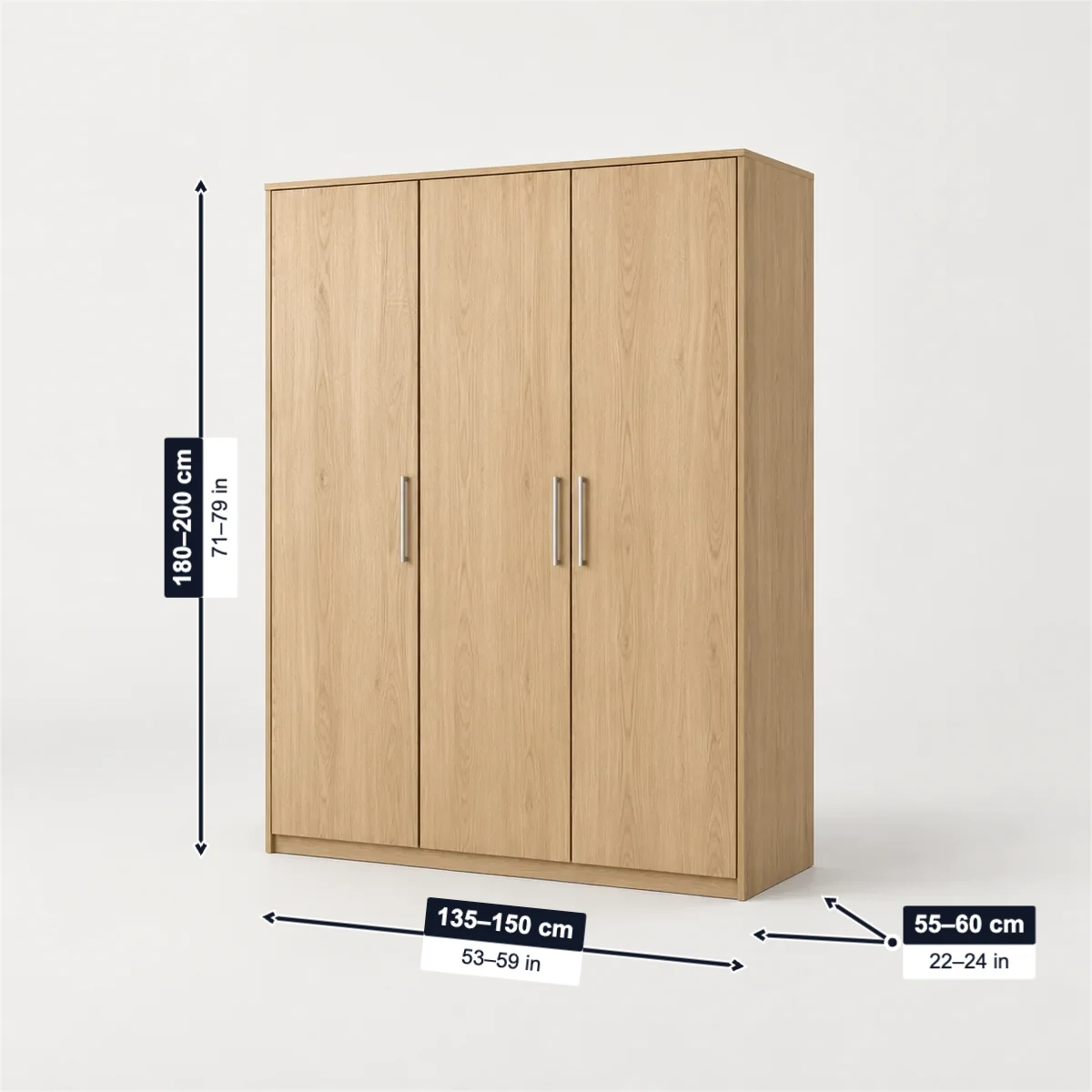 Triple-door wardrobe with its usual width, depth and height marked