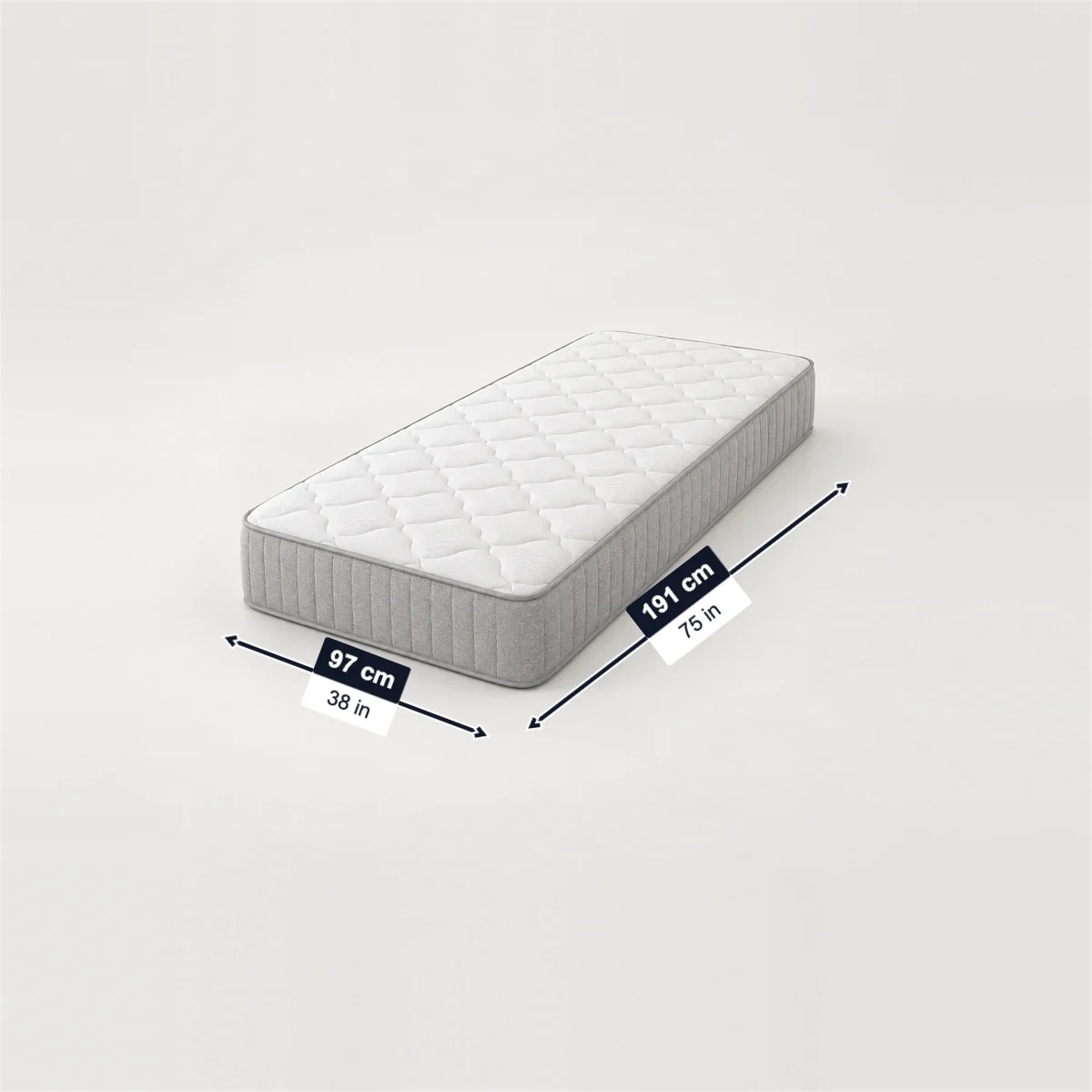 Twin mattress with its usual width, depth and height marked