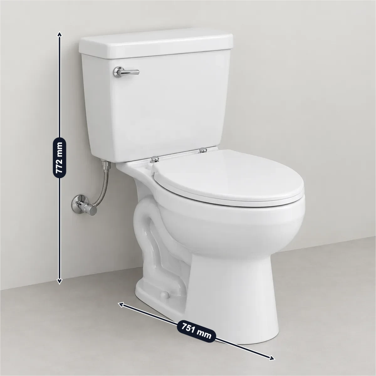 Two-piece toilet (12 in rough-in) with its usual width, depth and height marked