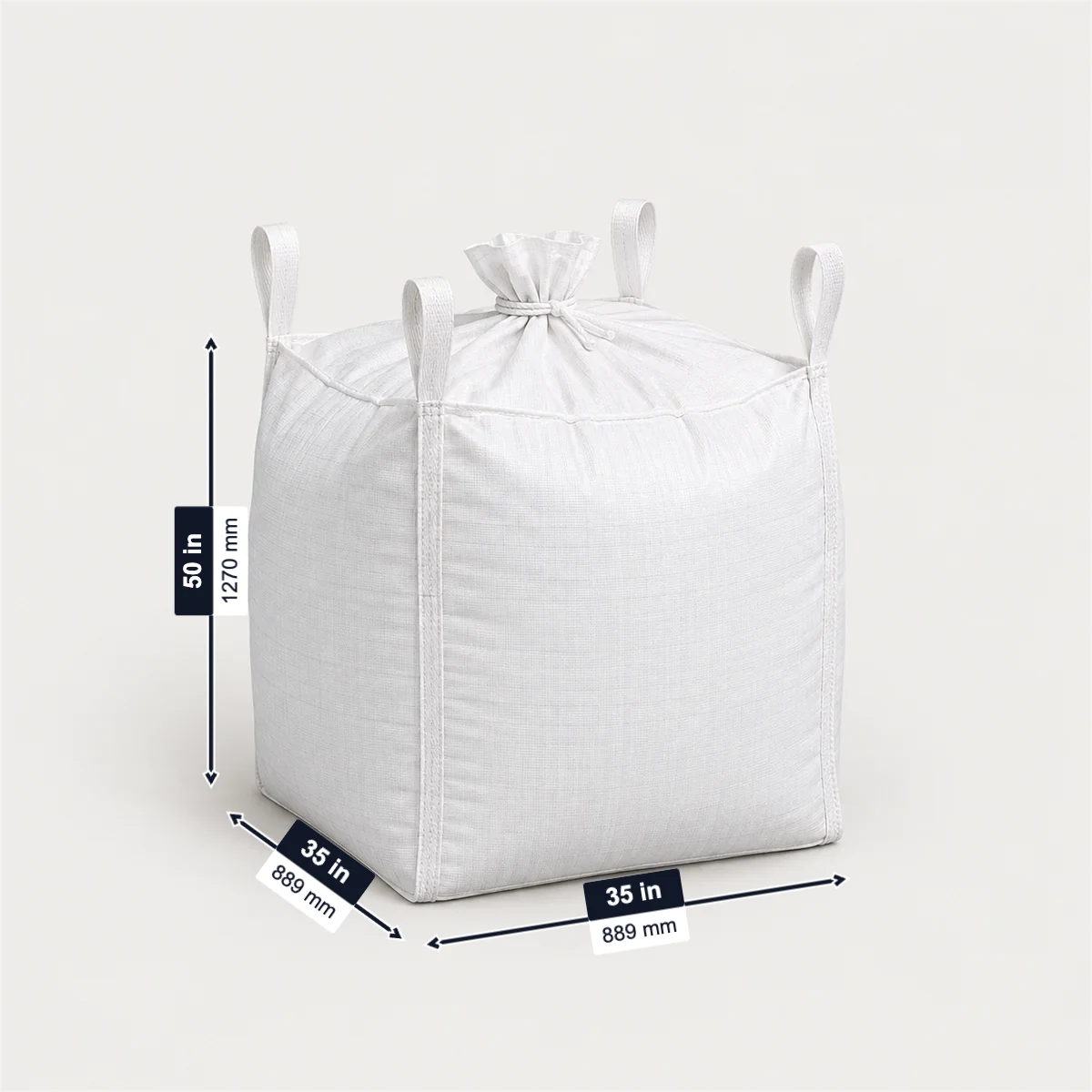 U-panel FIBC bulk bag with its usual width, depth and height marked