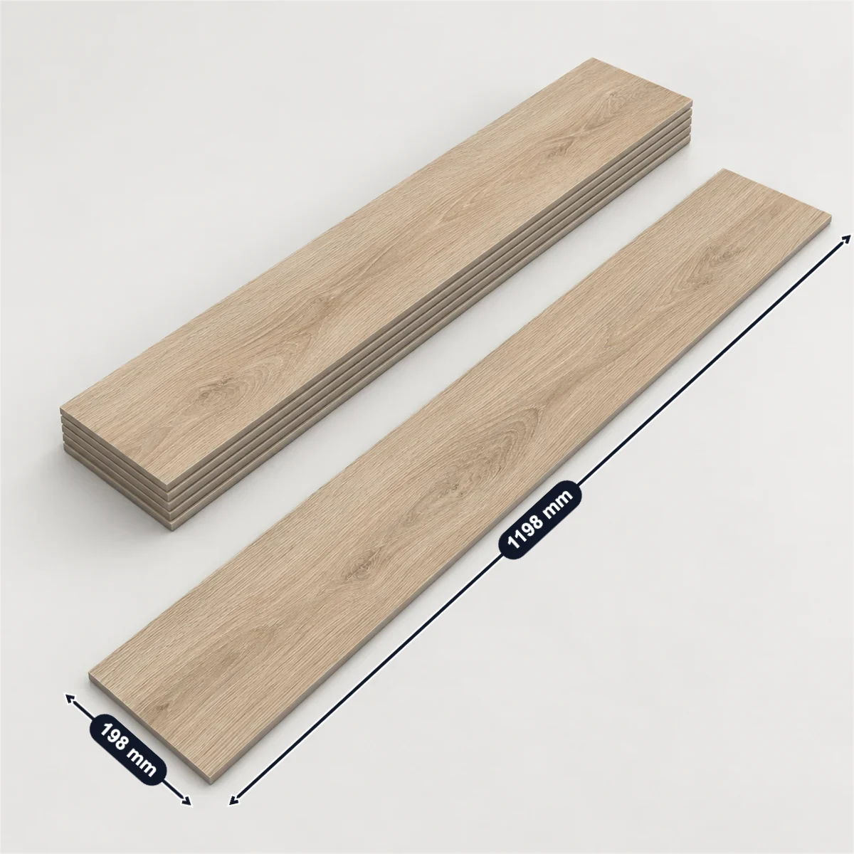 Wood-look porcelain plank tile with its usual width, depth and height marked