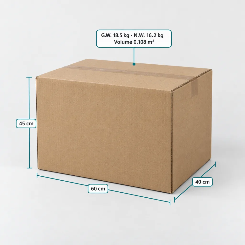 Export carton with 60, 40 and 45 cm dimension lines and a label: G.W. 18.5 kg, N.W. 16.2 kg, volume 0.108 m³