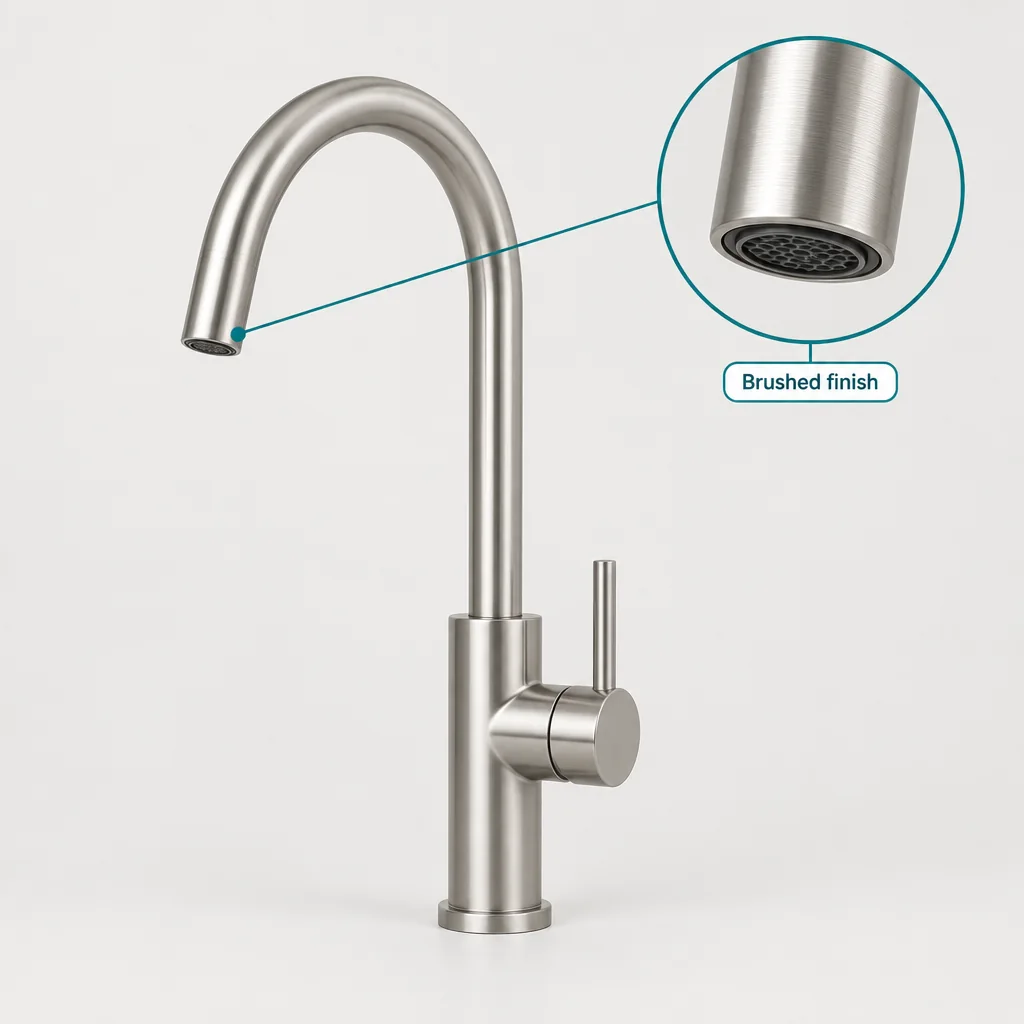 Brushed steel kitchen faucet with a focus-zoom lens magnifying the aerator, labelled brushed finish