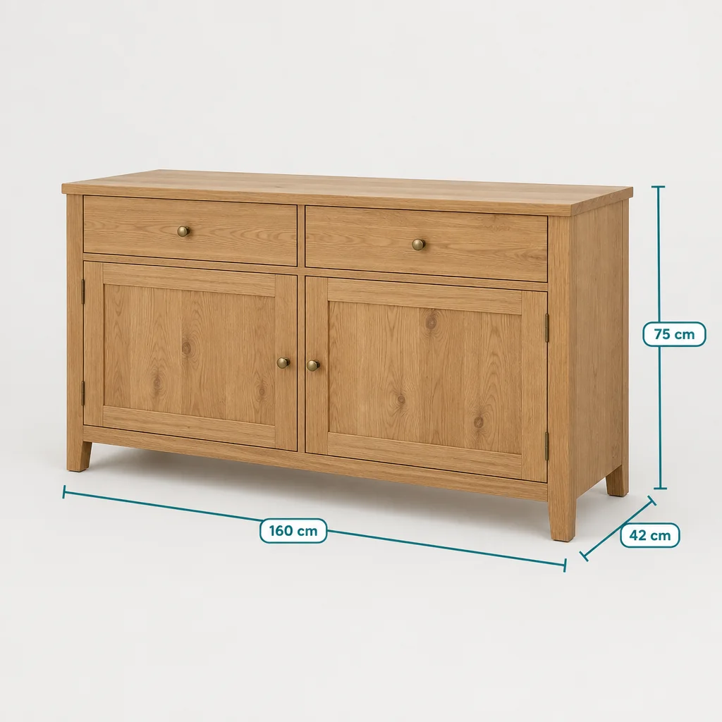 Oak sideboard with three dimension lines: 160 cm width, 75 cm height, 42 cm depth