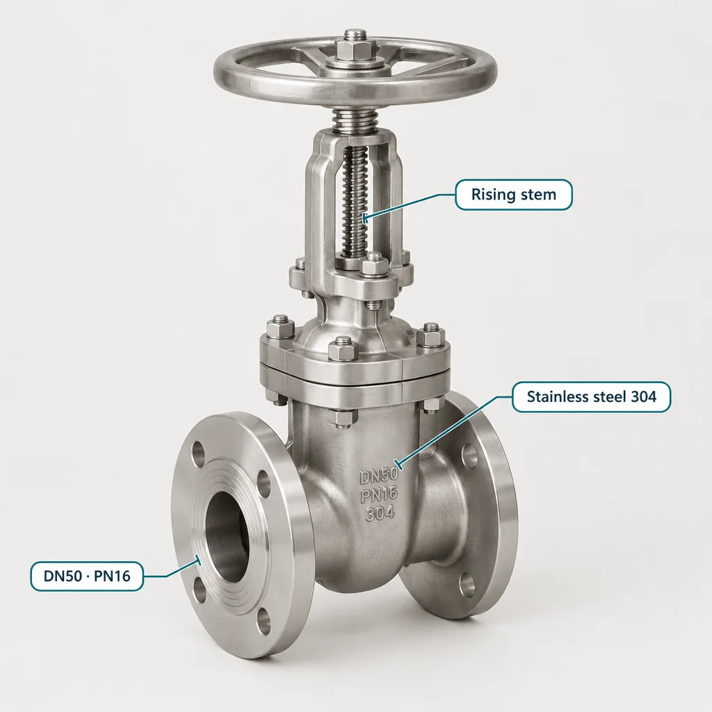 Stainless steel gate valve with spec labels: stainless steel 304, DN50 · PN16, rising stem