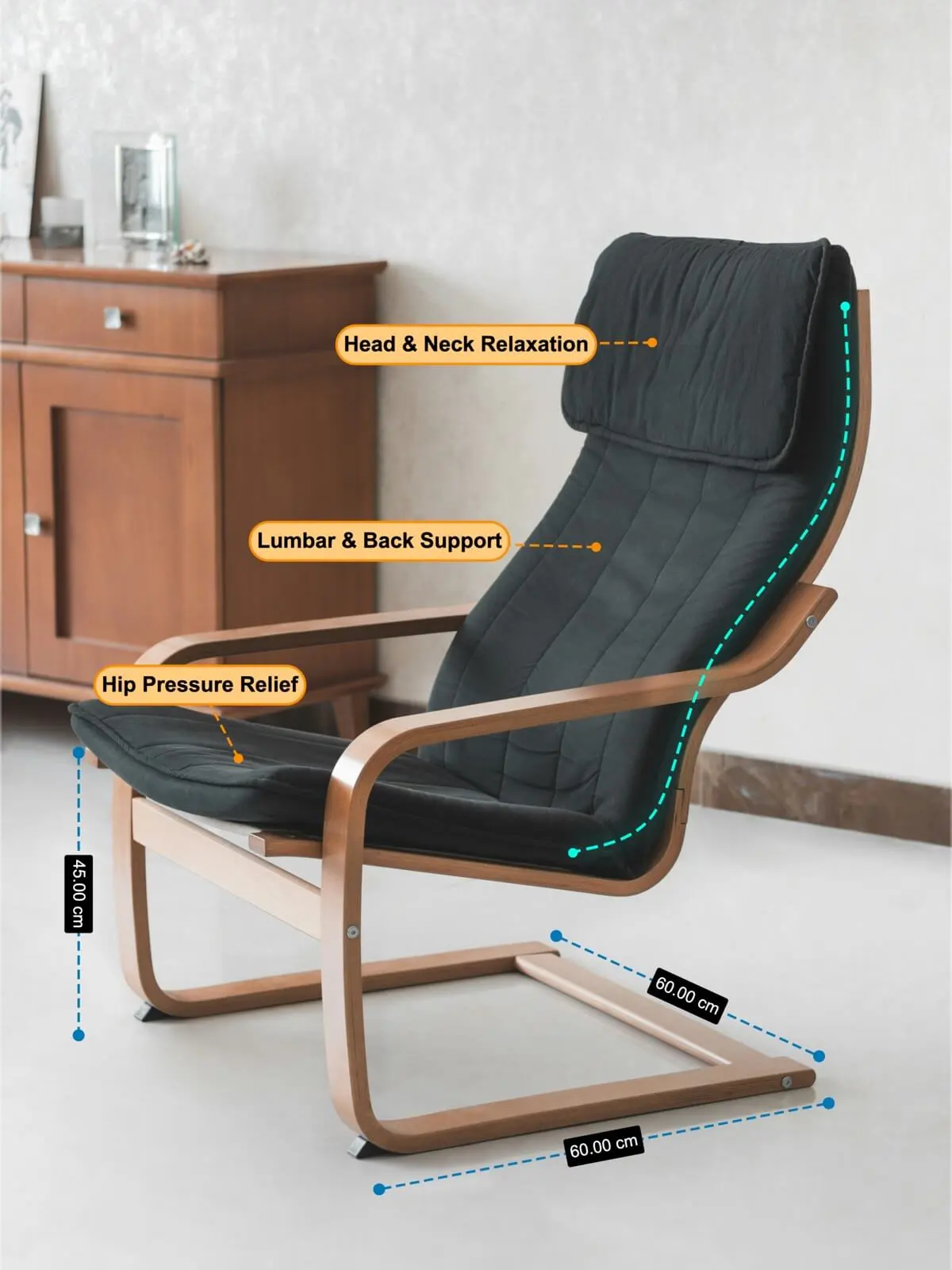 Lounge chair product photo with 45cm seat height and 60cm dimension lines, plus head & neck relaxation, lumbar & back support and hip pressure relief callouts