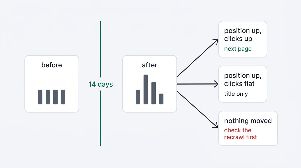 How to tell if an SEO change worked: before and after readings bracket the publish date and lead to three possible outcomes