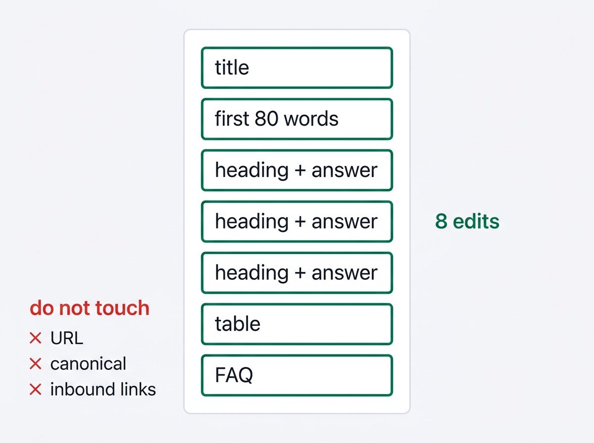 An SEO rewrite checklist: eight ordered edits to the page body, with URL, canonical and inbound links marked as untouched