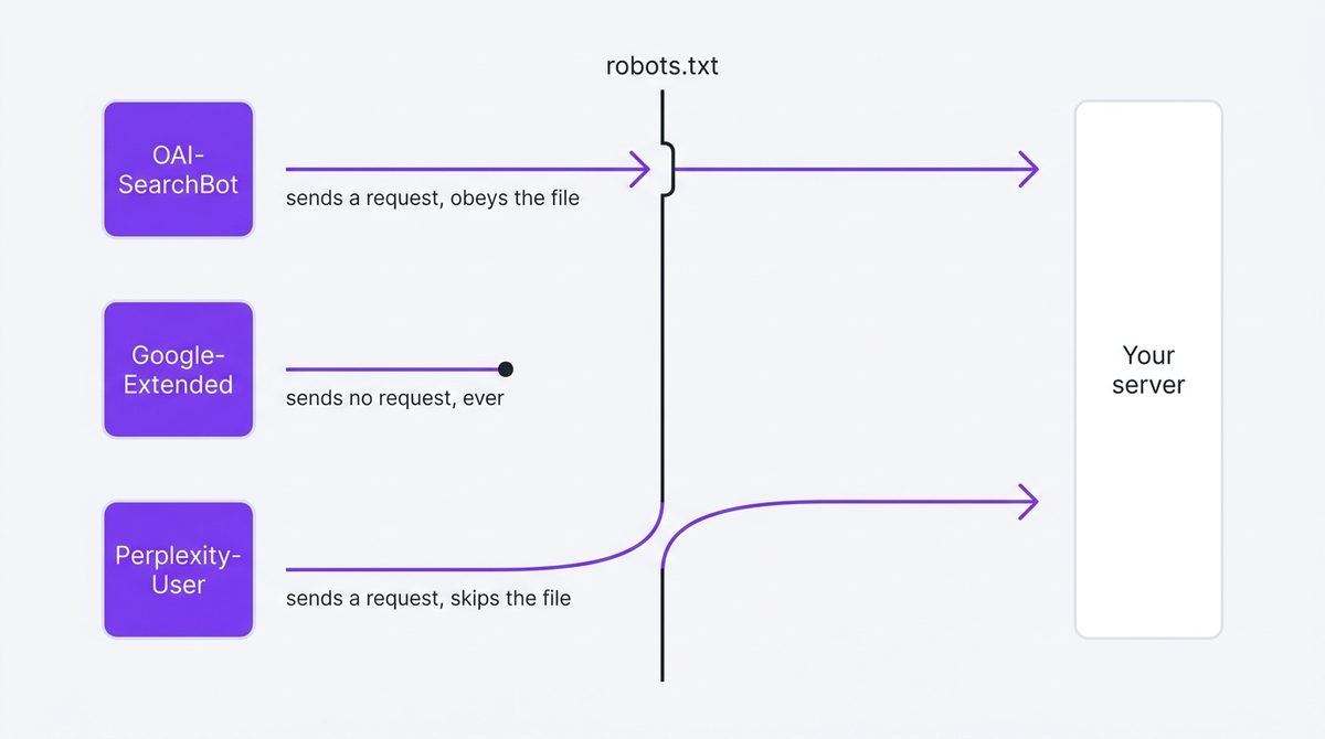 A search crawler and a training crawler both request the page, a control token sends no request, and a user-triggered fetcher bypasses robots.txt