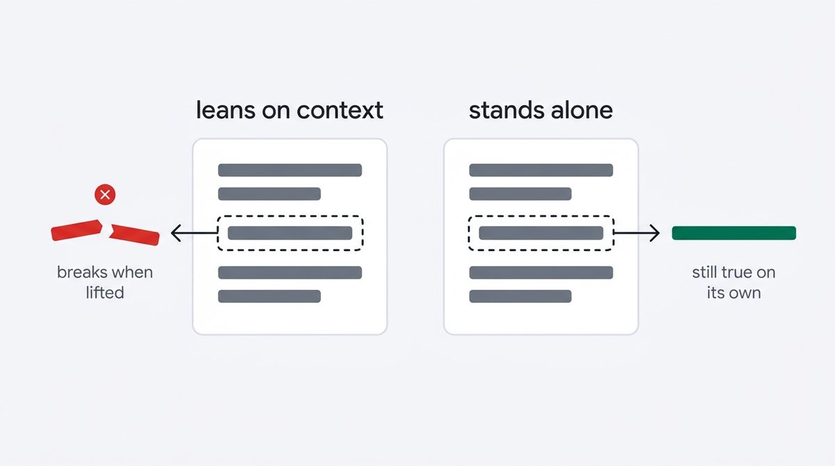 What makes content citable by AI: a self-contained passage with its own subject and a number can be lifted out intact, while a context-dependent sentence breaks when extracted