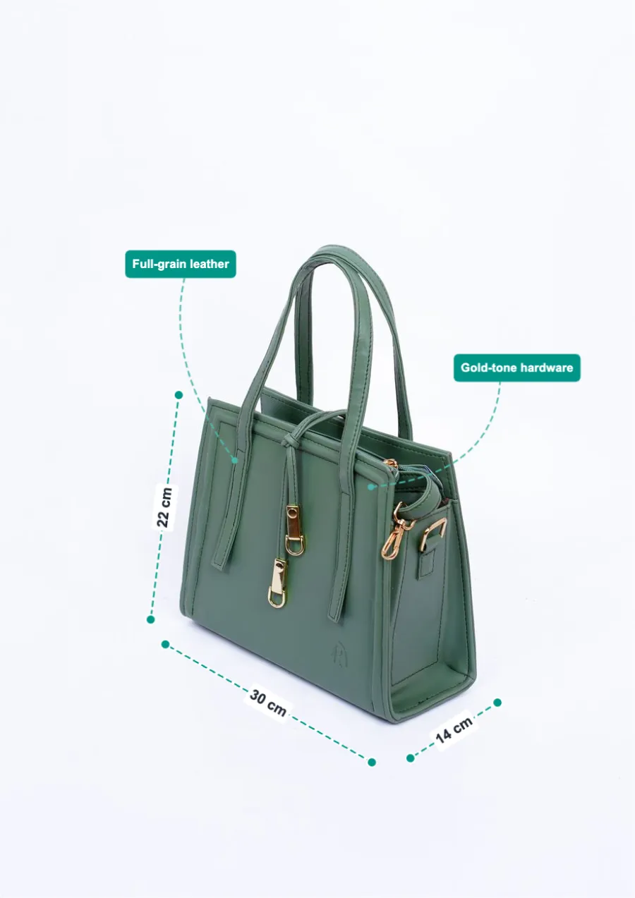 너비 30cm, 높이 22cm, 깊이 14cm 치수선과 풀그레인 가죽·골드 하드웨어 특징 라벨이 표시된 초록색 가죽 핸드백 상품 이미지