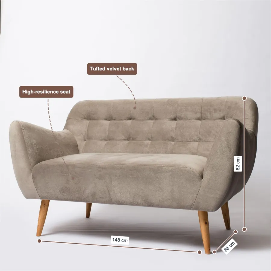 Loveseat product photo with tufted velvet back and high-resilience seat callouts, plus 148cm width, 88cm depth and 82cm height dimension lines