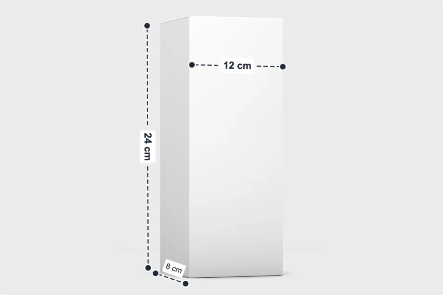 Weißer Produktverpackungskarton, beschriftet mit Maßlinien für 24 cm Höhe, 12 cm Breite und 8 cm Tiefe an den Kanten