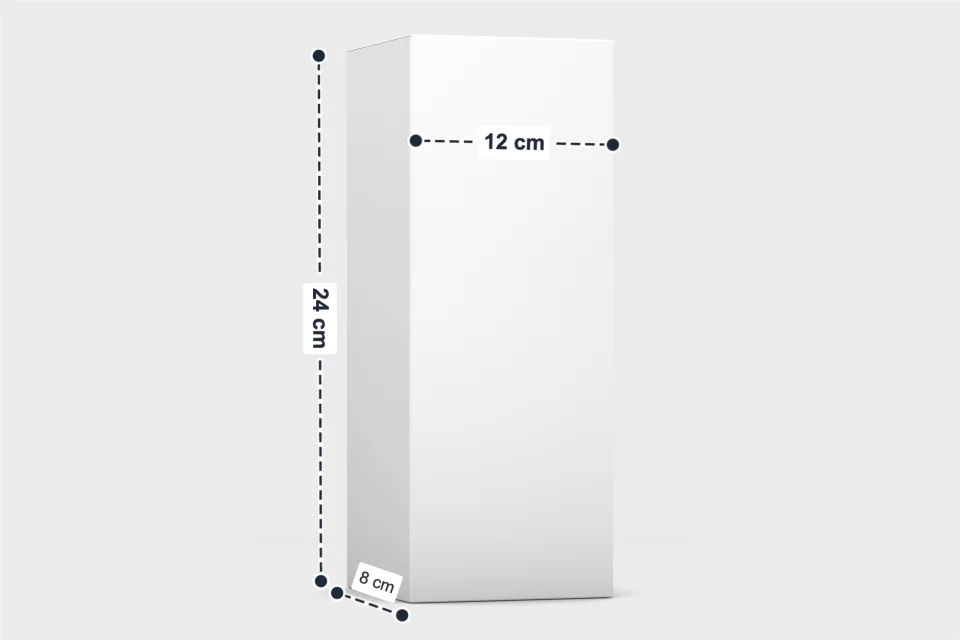 The same packaging box photo annotated with 12cm width, 24cm height and 8cm depth dimension lines