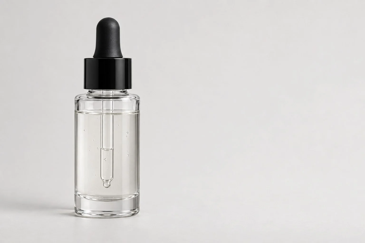 Clear glass dropper bottle with a black teat and collar, without annotations