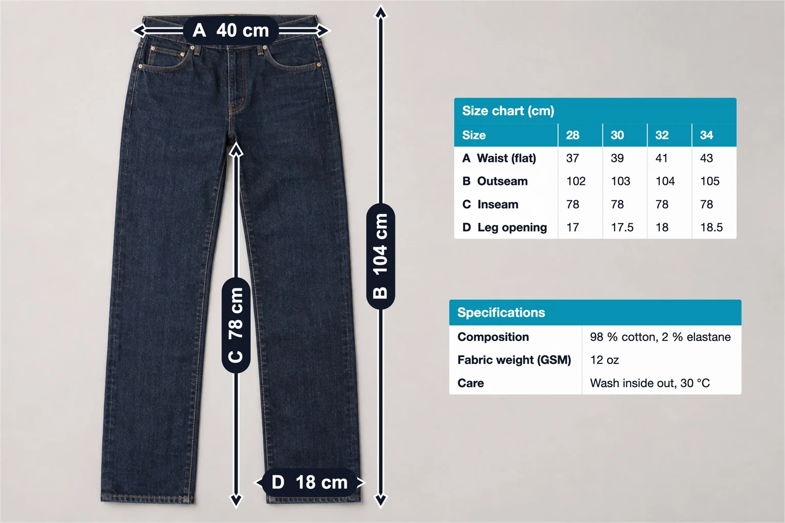 Straight-leg jeans na may anotasyon: mga linyang may titik para sa baywang 40 cm, outseam 104 cm, inseam 78 cm at leg opening 18 cm, size chart 28–34 at talahanayan ng tela
