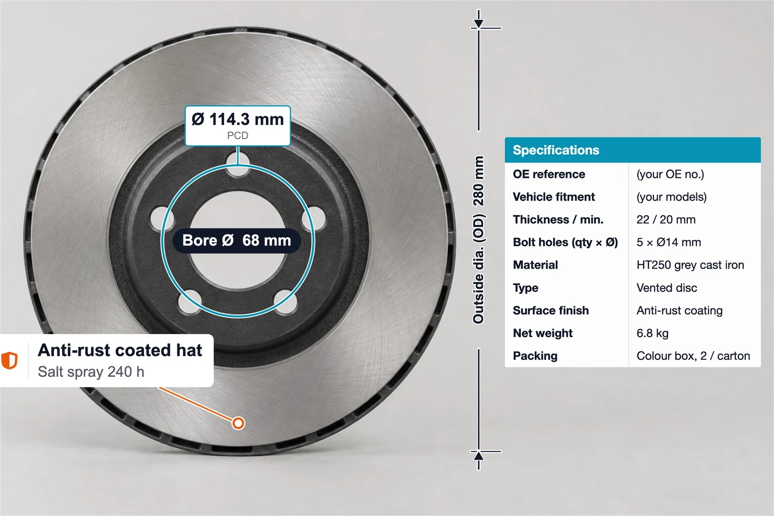 Disco de freno anotado con diámetro exterior de 280 mm, agujero central de 68 mm, PCD de 114.3 mm, una tabla de especificaciones y una etiqueta de recubrimiento antióxido