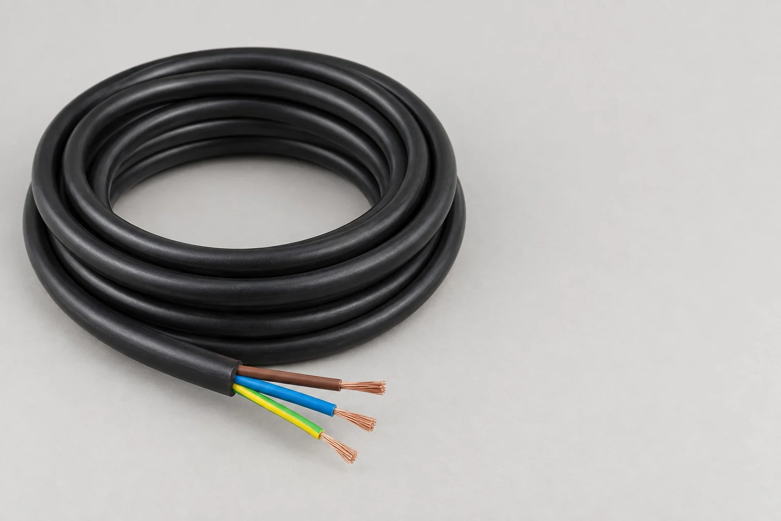 Cable de alimentación negro enrollado con conductores marrón, azul y verde-amarillo pelados, sin anotaciones