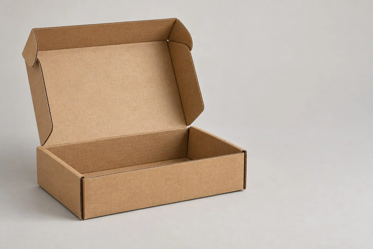 Open brown corrugated mailer box without annotations