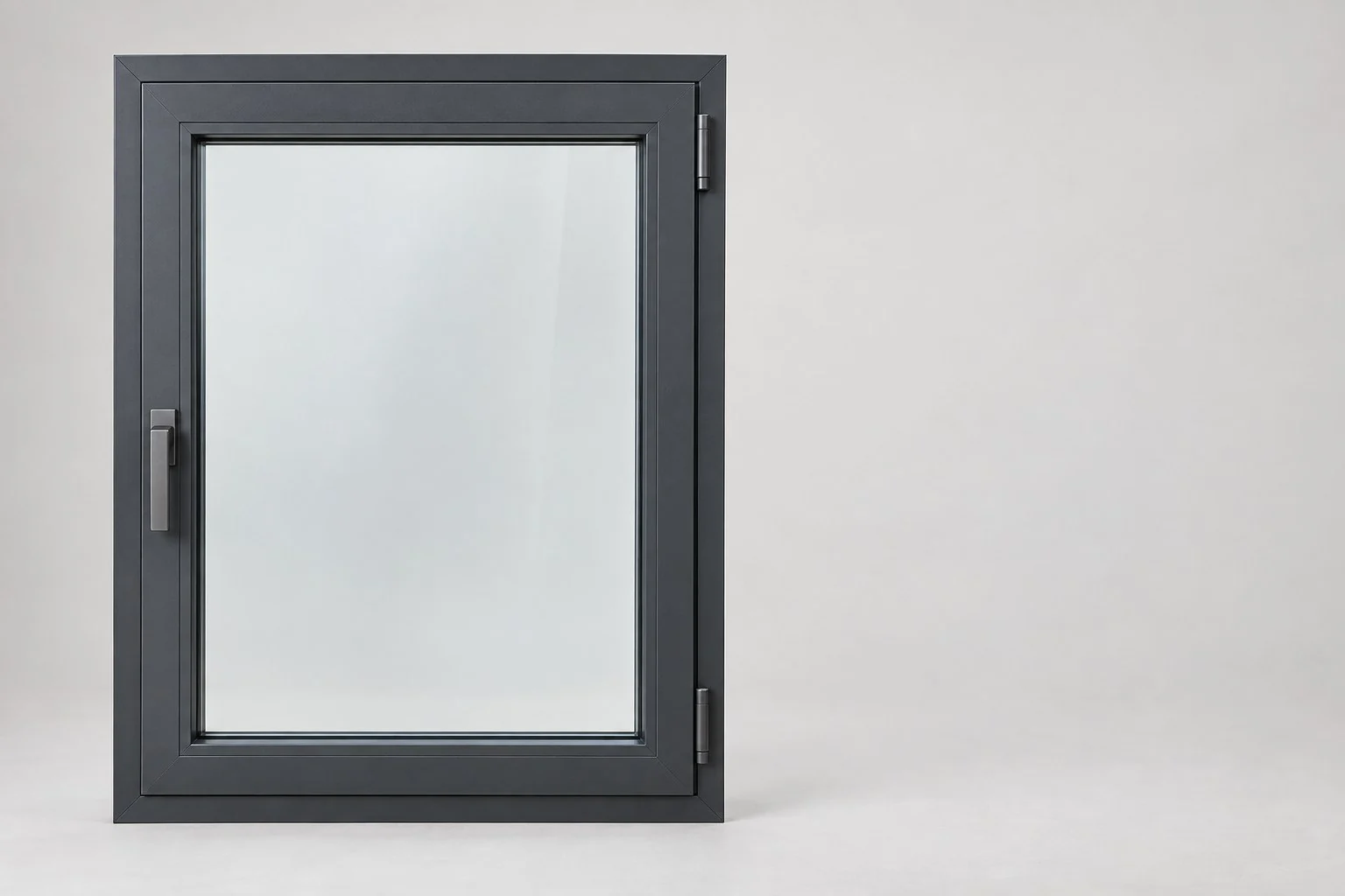 Dark grey aluminium casement window with a single glass pane, without annotations