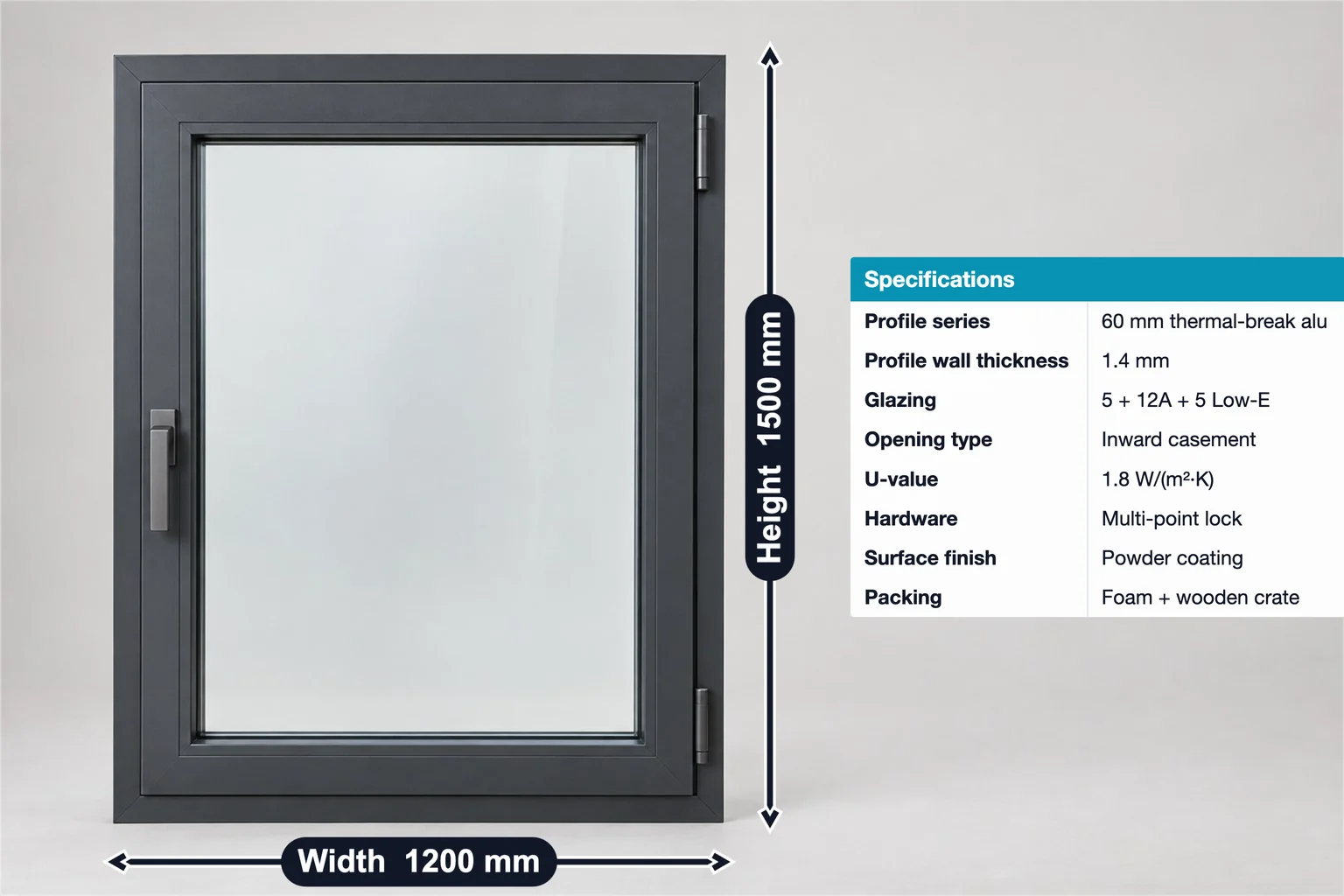 Aluminium casement window annotated with 1200 mm width, 1500 mm height and a spec table with 60 mm thermal-break profile and Low-E glazing