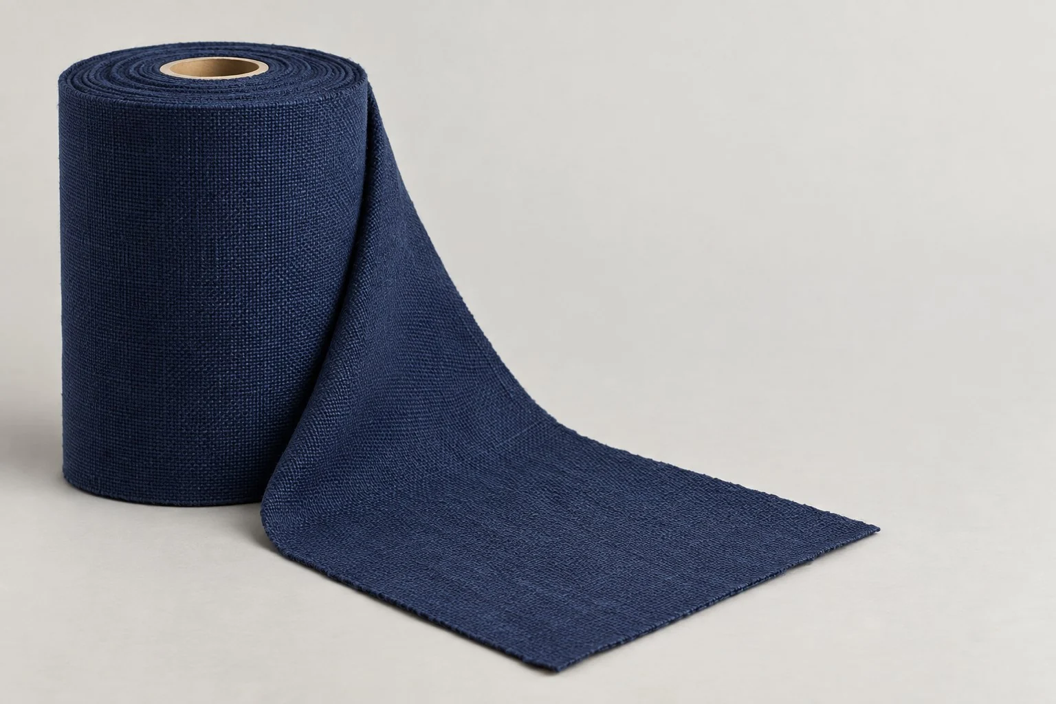 Roll of navy woven cotton fabric with a length unrolled, without annotations