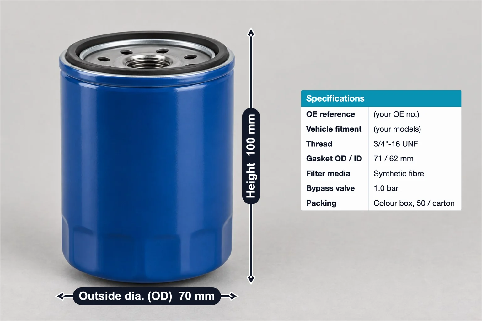 Spin-on oil filter annotated with 100 mm height, 70 mm outside diameter and a spec table with thread, gasket and bypass valve