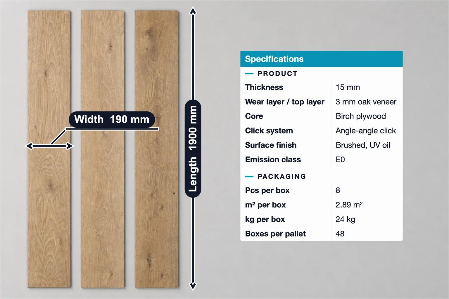 Engineered oak flooring annotated with 1900 mm plank length, 190 mm width and a spec table with 15 mm thickness and box and pallet packing